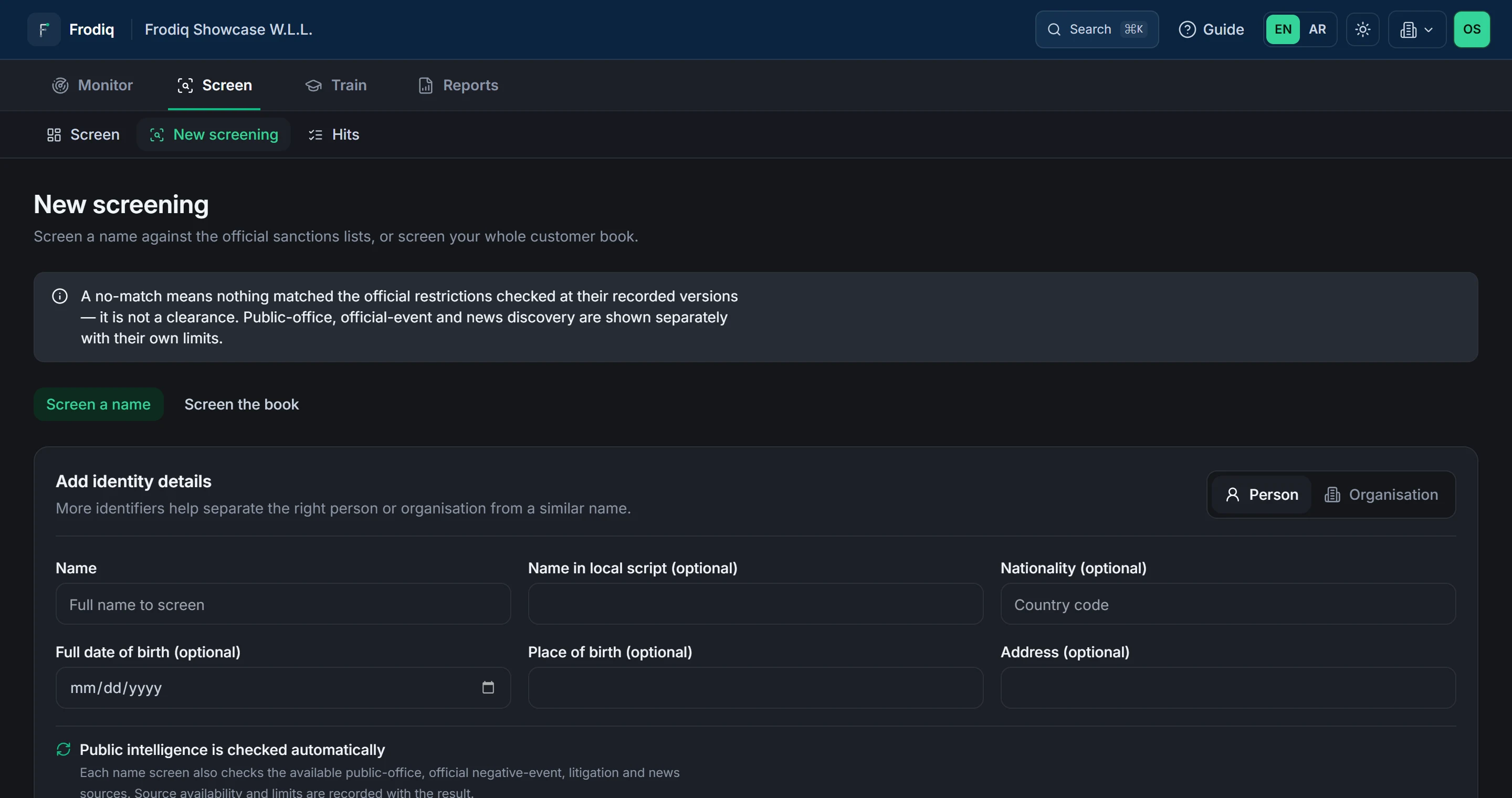 The new screening form with separate person and organisation identity fields and optional identifiers visible.