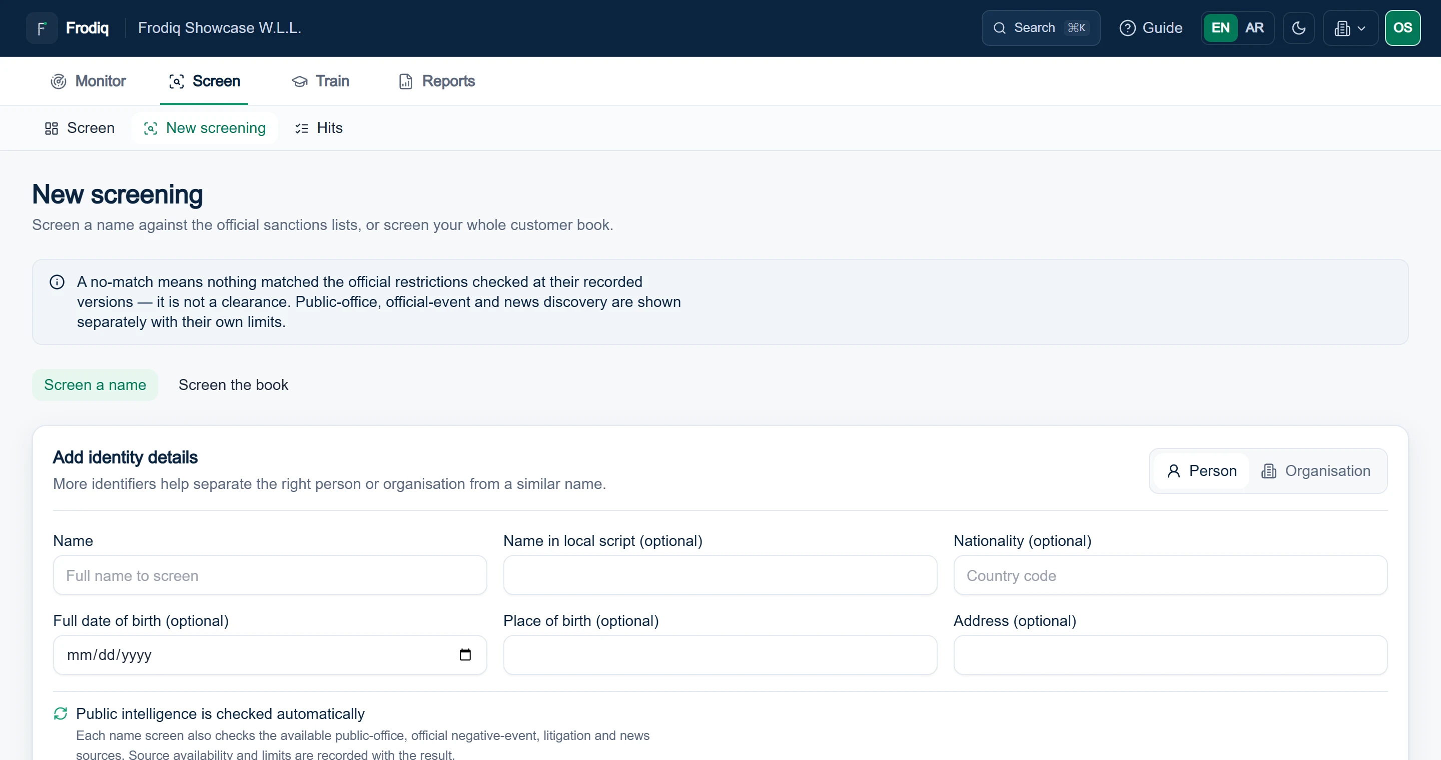 The new screening form with separate person and organisation identity fields and optional identifiers visible.